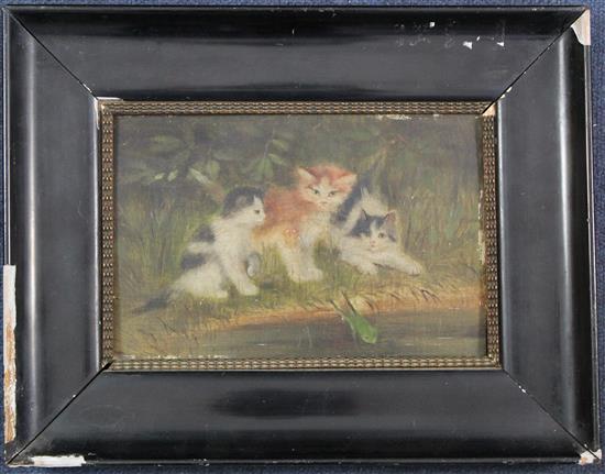 Hedwig Oehring (1855-) Kittens beside a pond, 6 x 9.25in.